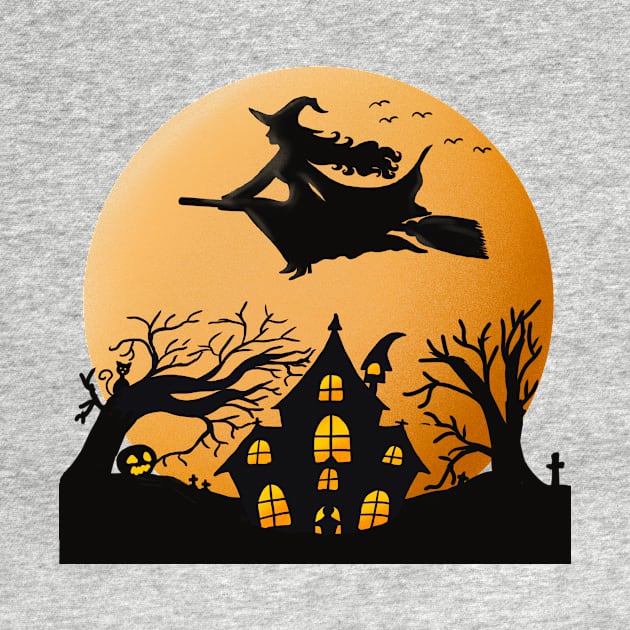 Creepy Witch With Broom Halloween T-shirt by AYOUCHKA